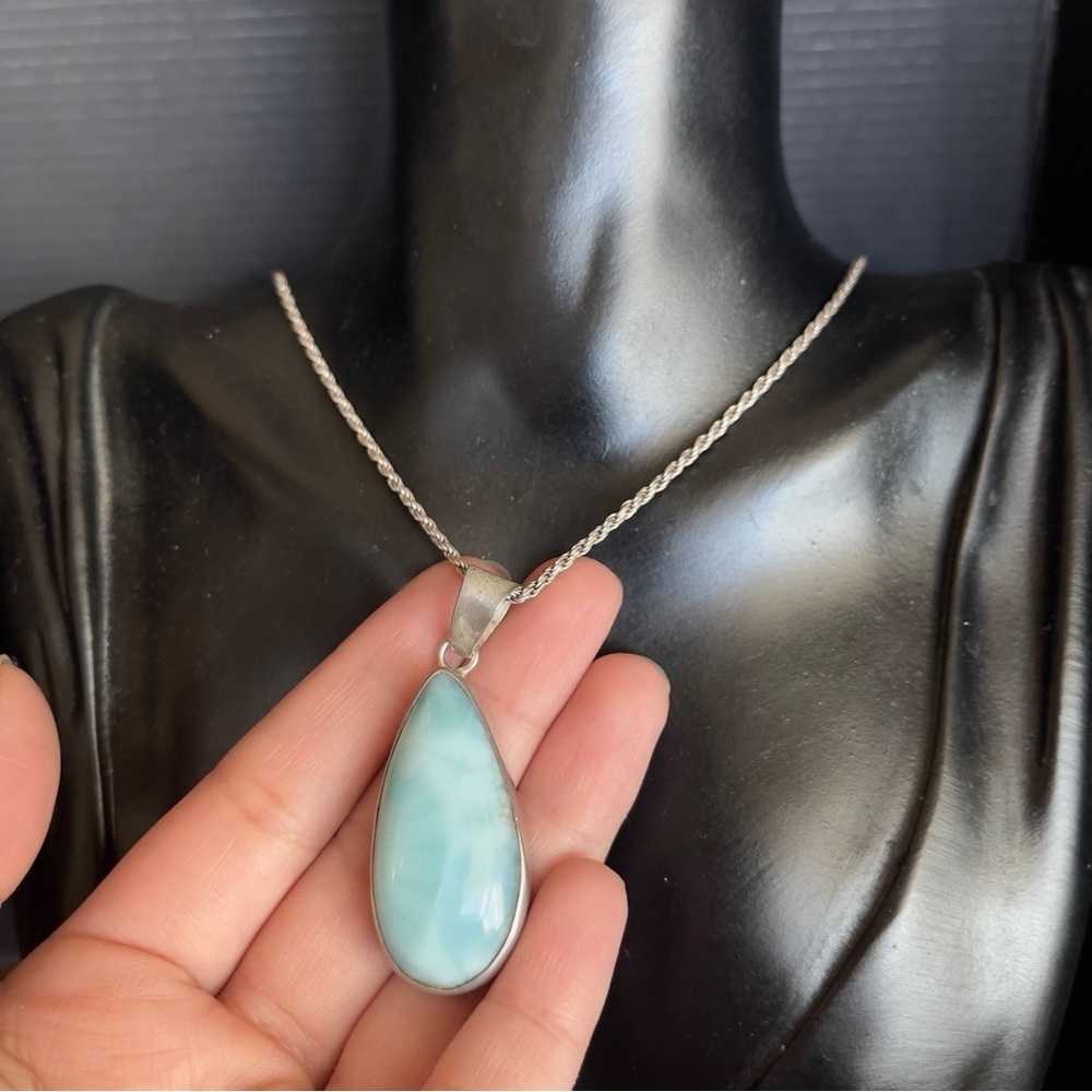 Very heavy Sterling silver larimar 20 inch necklace 2 inch pendant